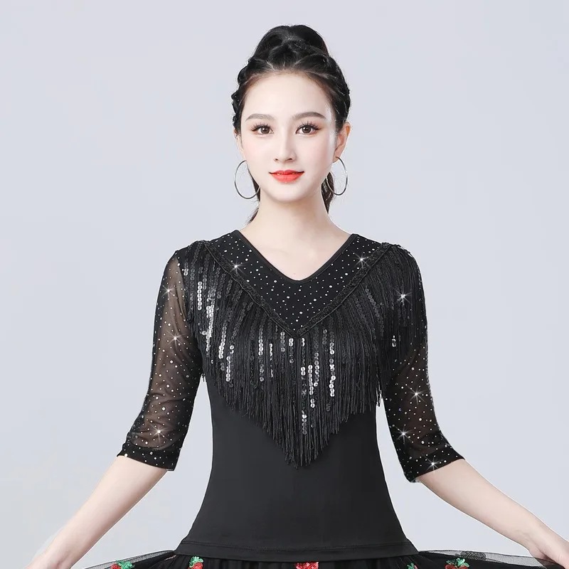 تخصيص منتصف كم الرقص الأعلى أزياء الإناث ليانغ فيلم الرقص اللاتينية أداء زي عرض الملابس النساء