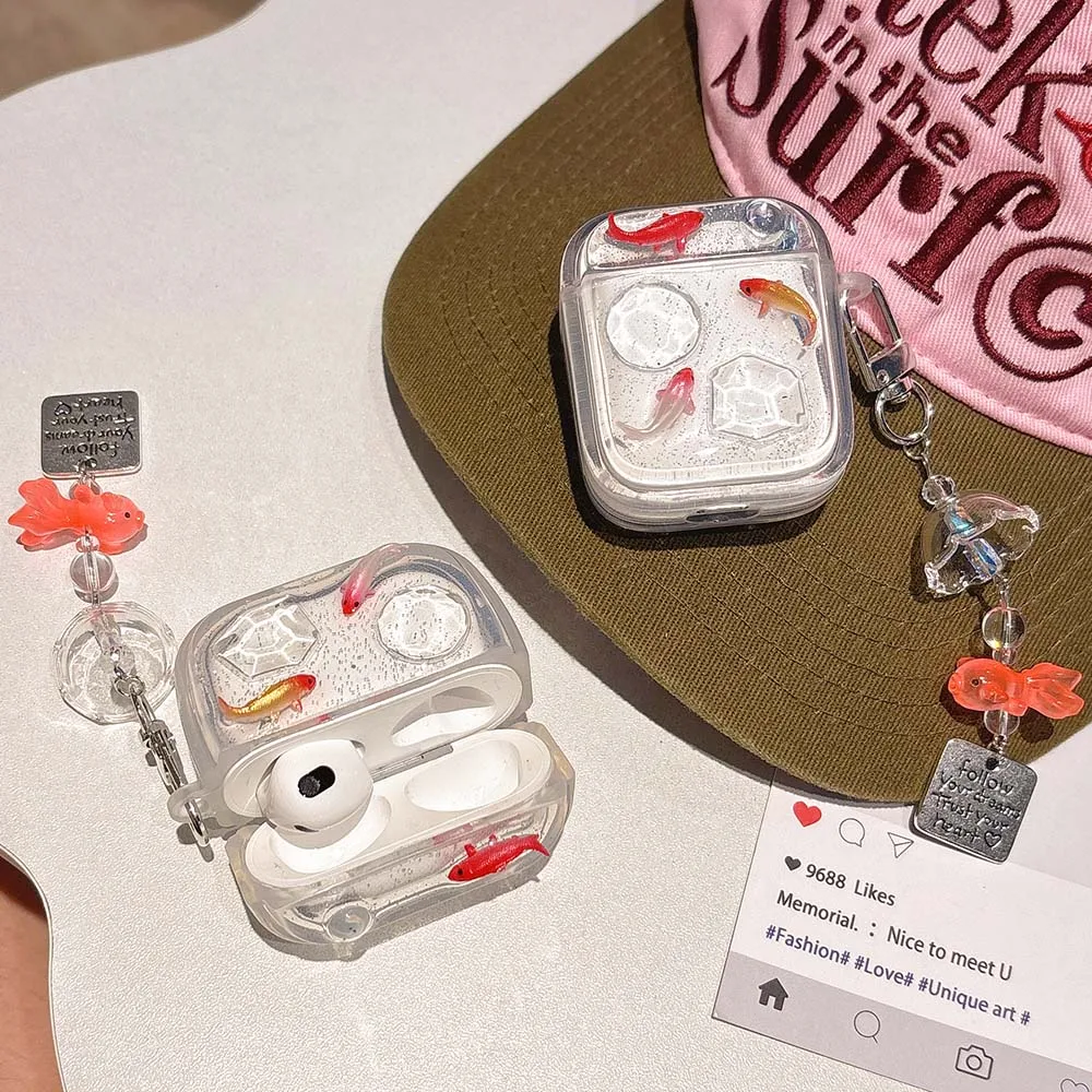 شفافة سمك الشبوط لطيف ثلاثية الأبعاد قلادة بلينغ حقيبة سماعة الاذن لابل airpods 4 3 2 برو 1/2 سماعة لاسلكية تعمل بالبلوتوث غطاء صندوق شحن