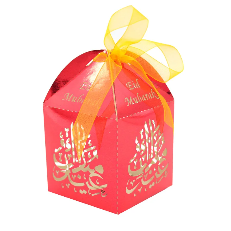 

Eid Mubarak party favors laser cut gift box metallic gold favor box with free ribbons