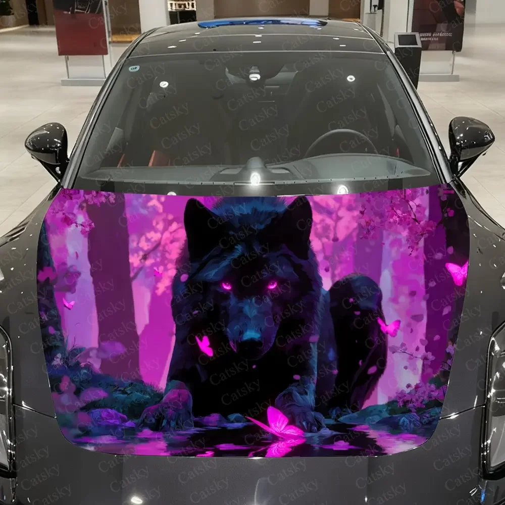 Pink-Purple Fantasy Forest Black Wolf Car Vinyl Wrap, PVC Material Waterproof Car Hood Sticker, Self-Adhesive Scratch-Resistant