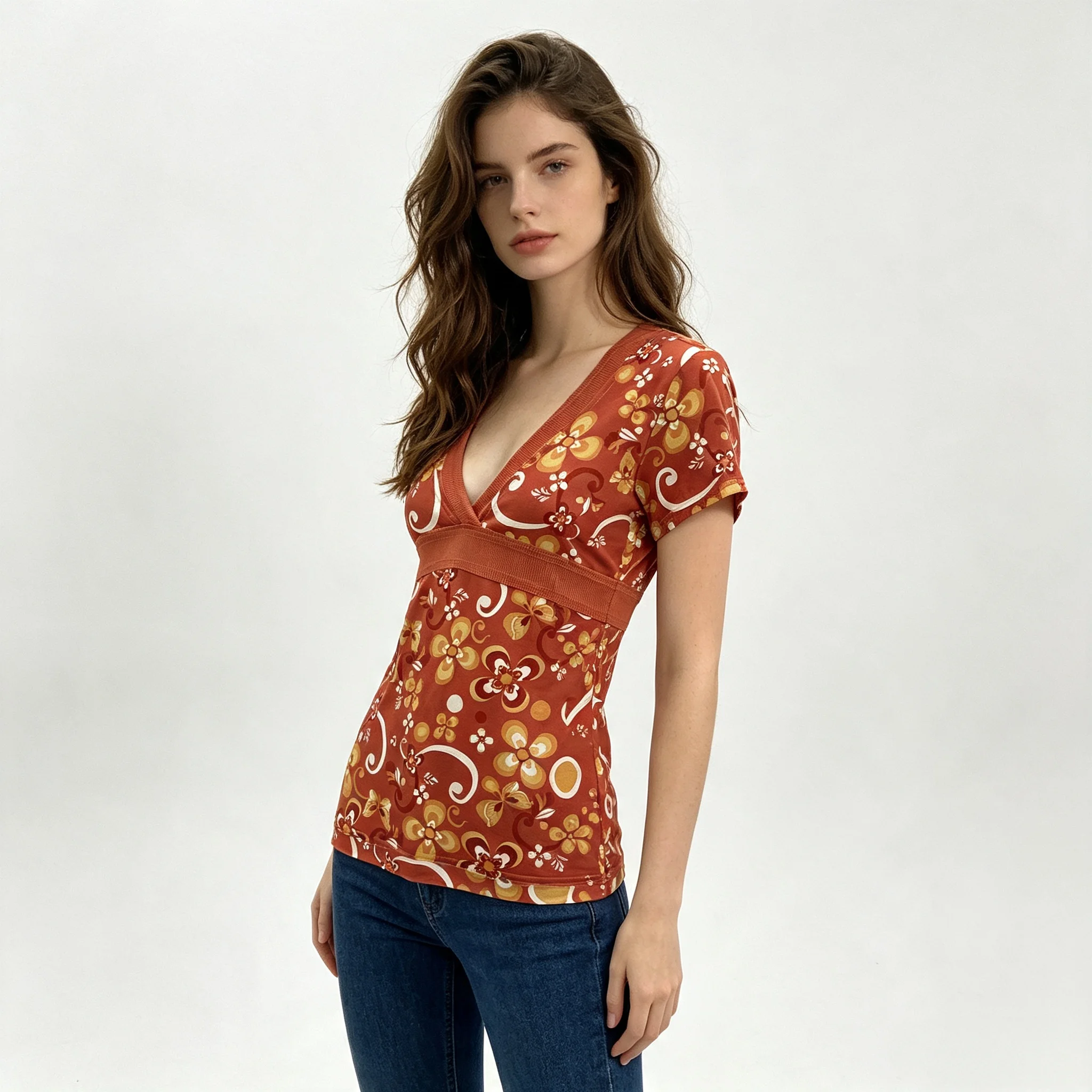 Women's Y2K Bohemian Floral Print Blouse Deep V Neck Short Sleeve Empire Waist Vintage Summer Casual Top with Side Tie Ruffle He