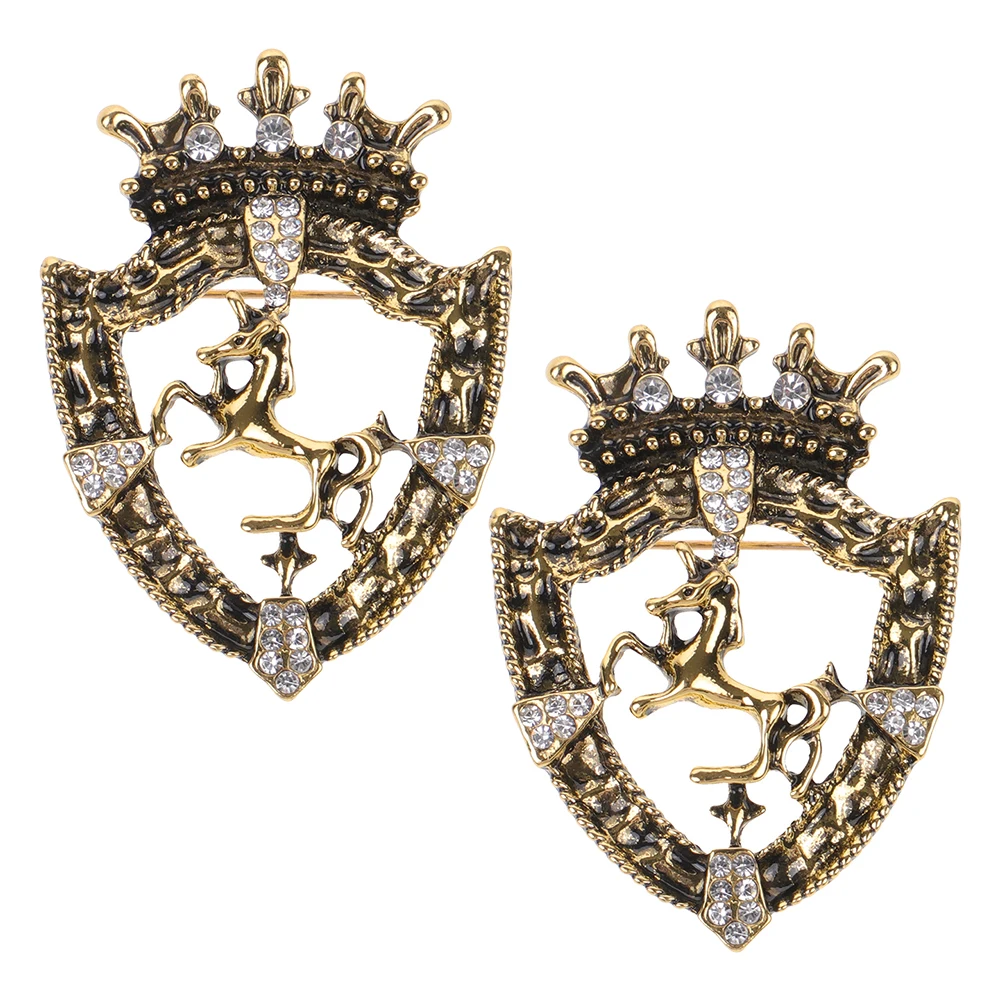 

2pcs Crown Brooch Vintage Shield Horse Pin for Men Women Durable Zinc Alloy Rhinestone Fashion Accessories Wedding Gifts