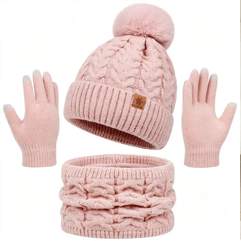 New 3Pcs/Set Women Winter Hat Scarf Gloves Faux Fur Ball Teenager Girls Knitted Beanie Neck Warmer Suit Warm Ears Woman Cap Set