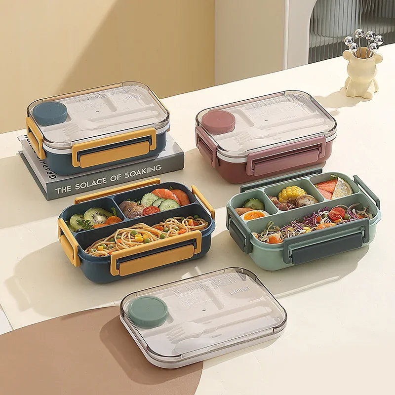 1300ML Lunch Box Plastic Portable Compartment Bento Box Microwave Students Office Food Container with Fork and Spoon Tableware