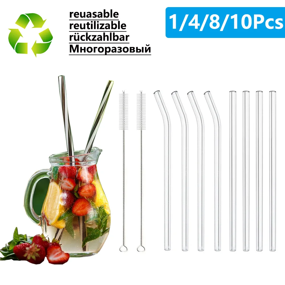 1-10Pcs Reusable Drinking Straw Glass Beverage Straws Eco-friendly High Borosilicate Glass Tube Party Bar Drinkware Glass Straw