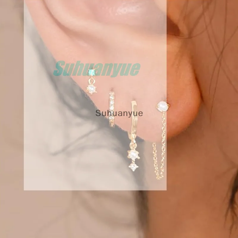 4PCS Chain Huggie Earring Set For Women Fashion Flower Tragus Hoop Earrings Bulk Cartilage Piercing Helix Jewelry Lobe Earing