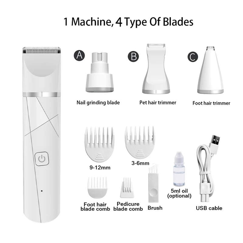 2X 4 In 1 Pet Electric Hair Clipper With 8 Blades Grooming Trimmer Nail Grinder Professional Recharge Haircut