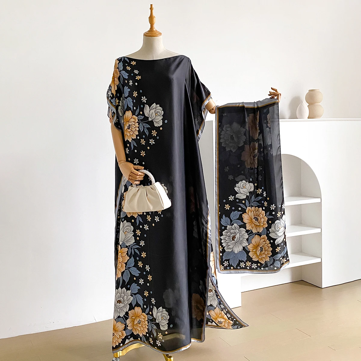 Elegant Printed Silk Women's Scarf Long Muslim Hijab Oversize Kaftan Dress African Shawl for Summer Fashion Kuwait Abaya