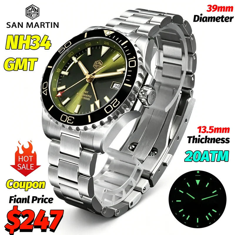 San Martin SN0136 Dive GMT Men Mechanical Watches Enamel NH34 AR Sapphire Stainless Steel Automatic Luxury Watch Luminous 20ATM