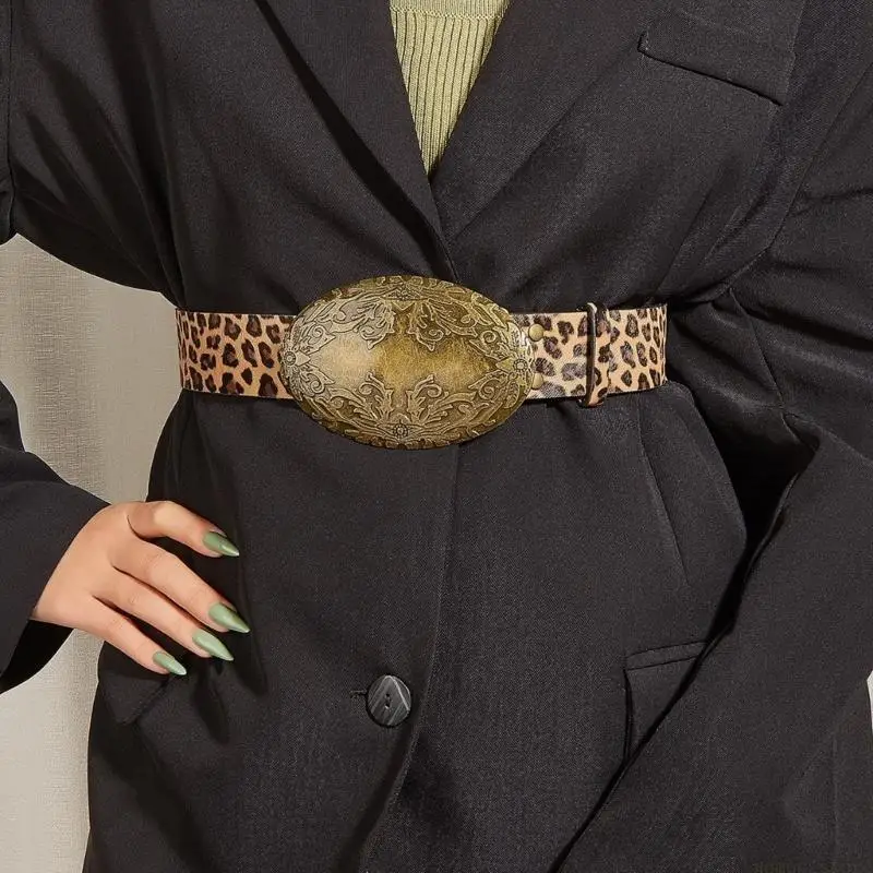 31BF Leopard Pattern Waist Belt Adjustable PU Leather Waist Cincher Adjustable Length