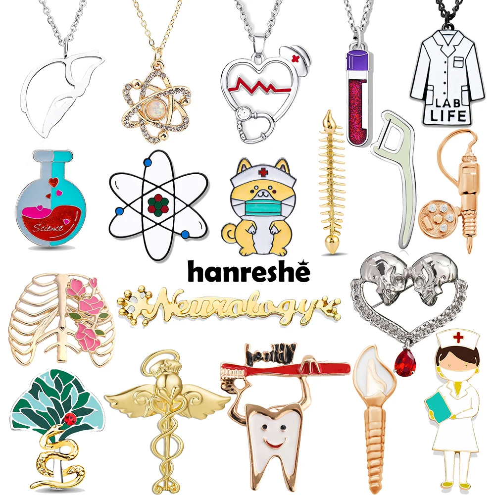 Hanreshe Medical Necklaces Brooches Set Dental and Lab Enamel Pins Badges Medicine Science Jewelry for Doctor Nurse