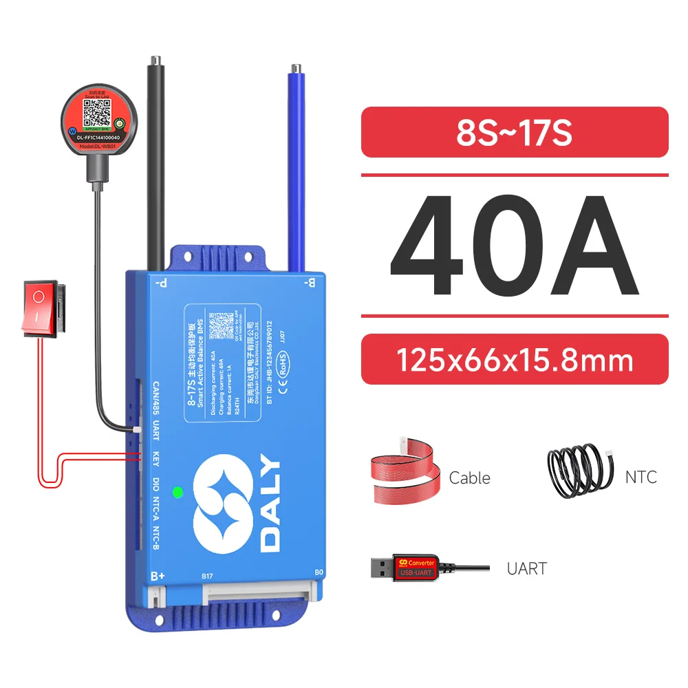 Daly Smart Active BMS 4S LiFePO4 8S 24V 16S 100A 150A 40A 60A 200A 12V 48V LiFePO4 1A Actieve Balancer met UART RS485 wifi-sleutel