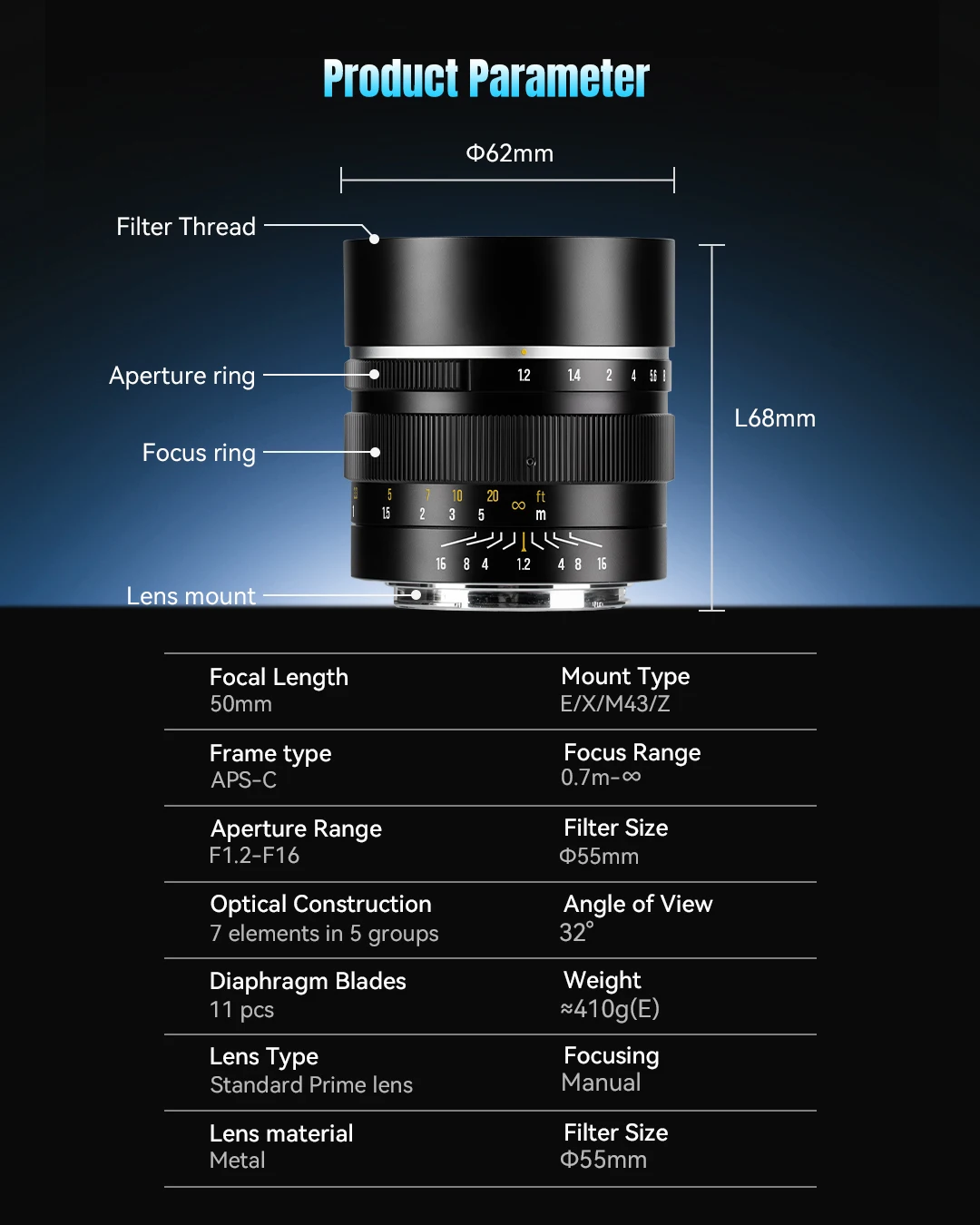 7artisans 50mm F1.2 APS-C Rahmen Manuelle Prime Große Blende Kamera Objektiv Für Sony E Alpha 7IINikon Z Fuji X-T5 Olympus M4/3 Halterung – Detail 9
