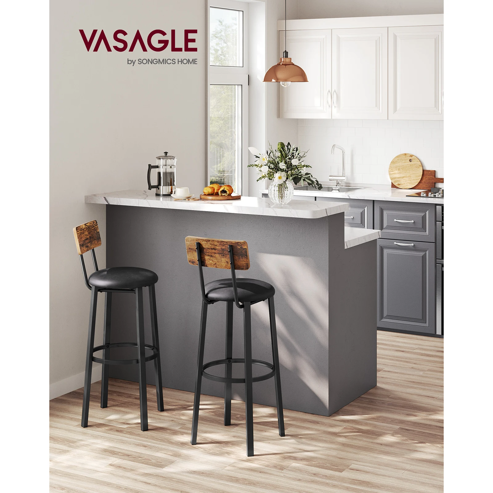 VASAGLE Bar Stools: Set of 2 Counter Stools. PU Upholstered, High with Footrest. Easy Assembly.For Kitchen, Dining Room.