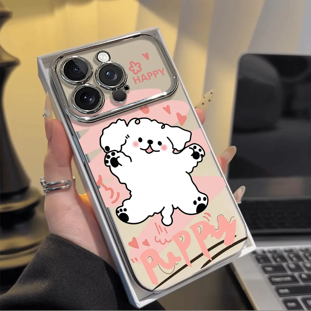 Line Puppy Happy Creative Cartoon Cute Electric Ferry Large Window Phone Case For IPhone 12 11 13 14 15 16 Max Pro Plus Shell