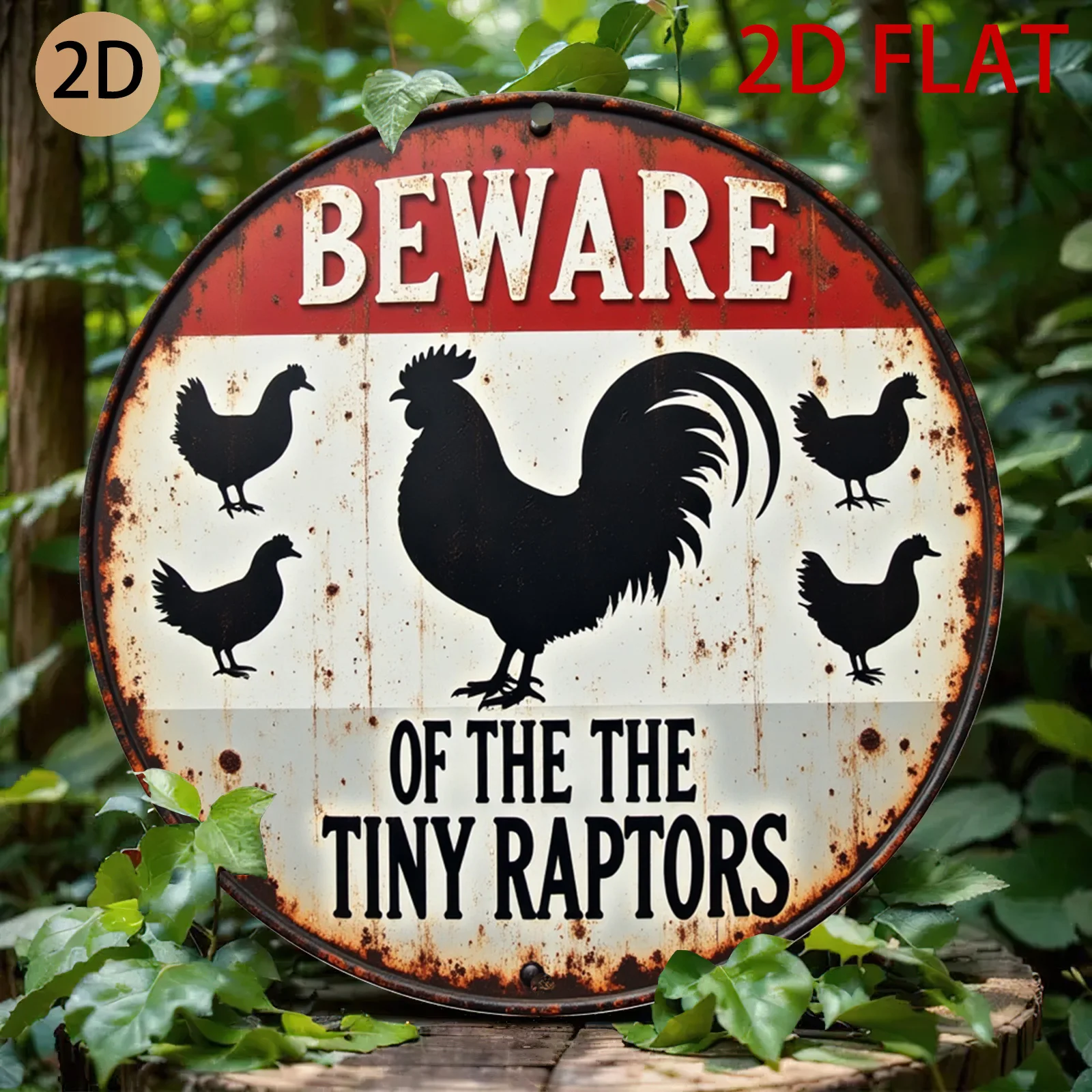 2D Flat - A Round, Weathered Metal Sign Featuring a Chicken Design, Warning about Small Raptors, Perfect for Retro Farm-Style De
