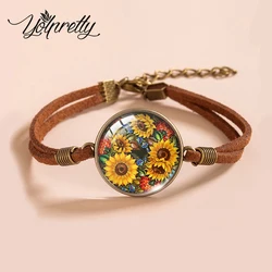 2023 New Arrival Fashion Beautiful Watercolor Sunflower Paintings Handcraft Jewelry Glass Dome Leather Bracelets