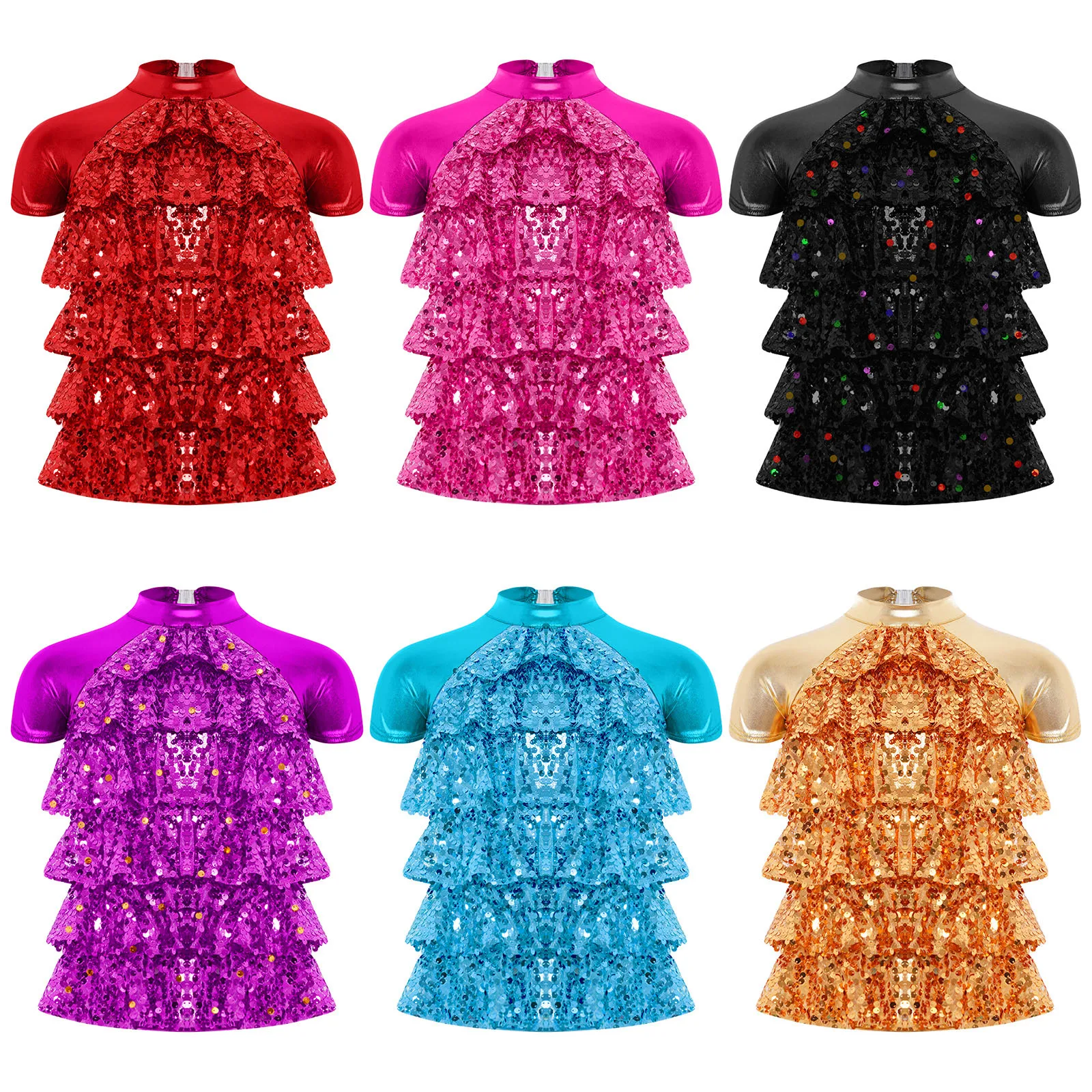 

Kids Short Sleeve Shiny Sequins Ballet Dance Tops Girls Metallic Glossy Modern Jazz Latin Samba Chacha Dance Performance Costume