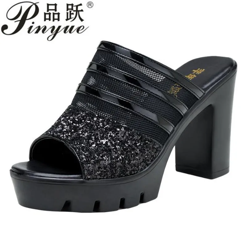 10CM ashion Footwear slipper Women Summer Open Toe Platform Lace Black High Heel Peep Toe Chunky Heels Party sandals 32 43