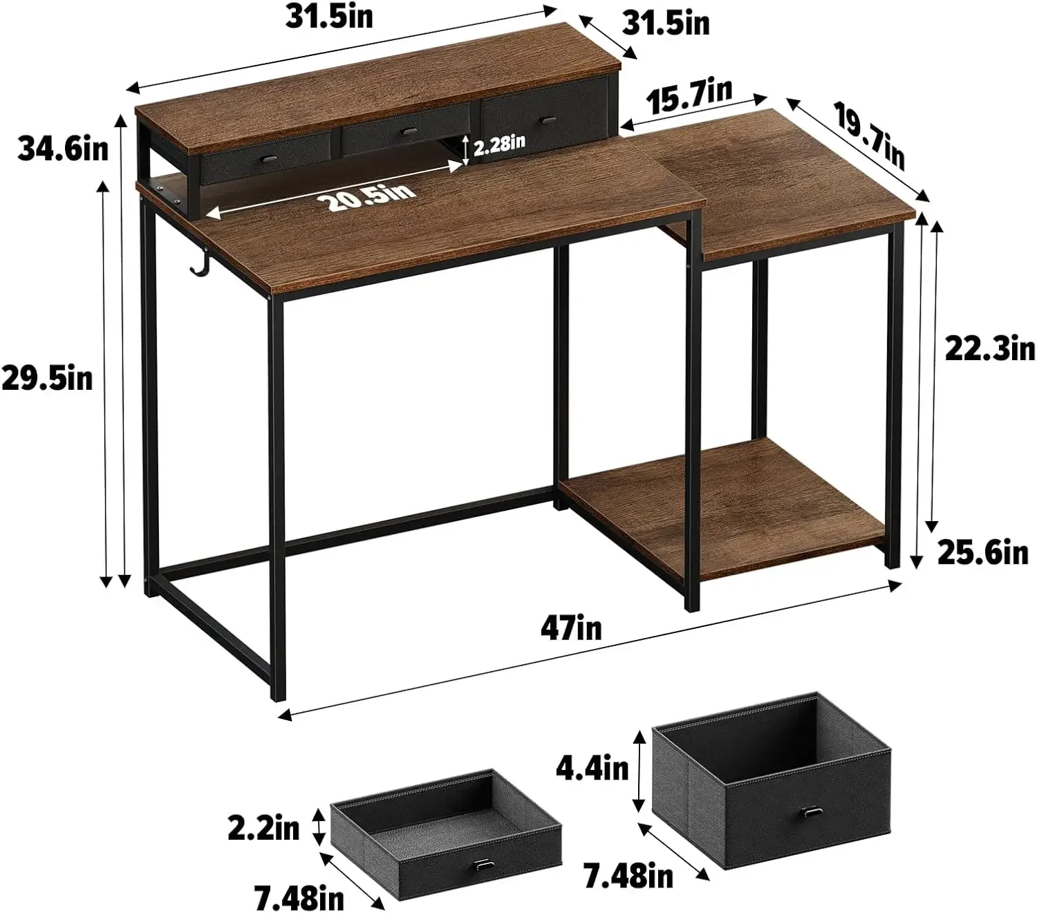 47 inch Computer Desk with Printer Shelf, Gaming Desk with Monitor Stand and Drawers, Reversible Home