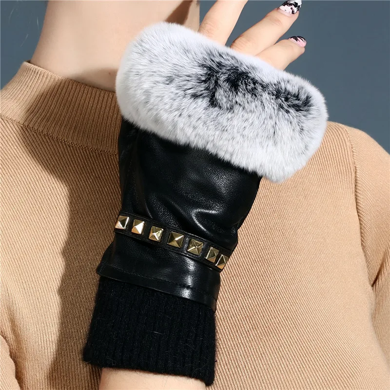 

Women's Winter Genuine Leather Rabbit Fur Gloves Lady's Thicken Warm Fingerless Rivet Glove Winter Driving Glove R294