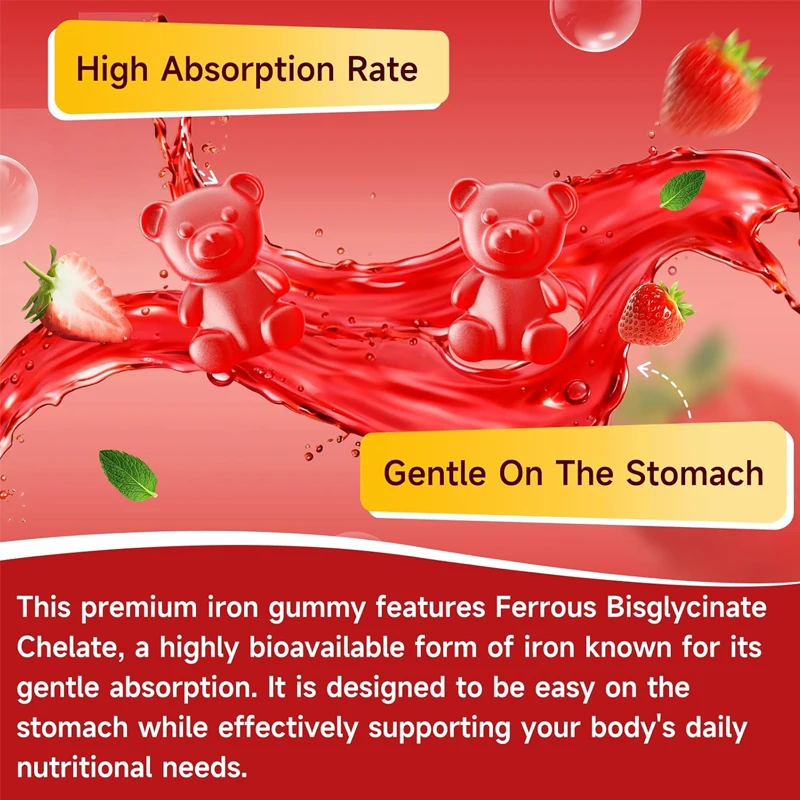 Male and female vegetarian iron gummies, containing B complex, vitamin C, A, folic acid, energy support and immune health
