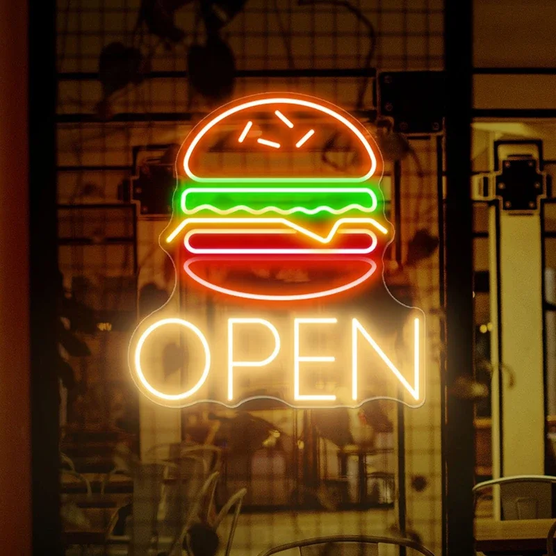 Hamburger Open Neon Sign Custom Business Decor Restaurant Bar Store Led Night Light for Fast Food Shop Decoration Neon Lights