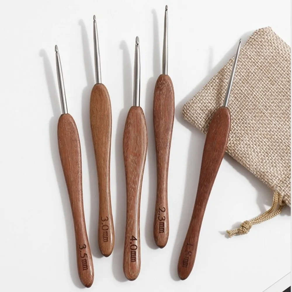 Durable 2.0-6.0MM Crochet Hook Sandalwood Handle Handmade Crafts Fine Hook Head Stainless Steel Crochet Hook Doll Weaving Tool