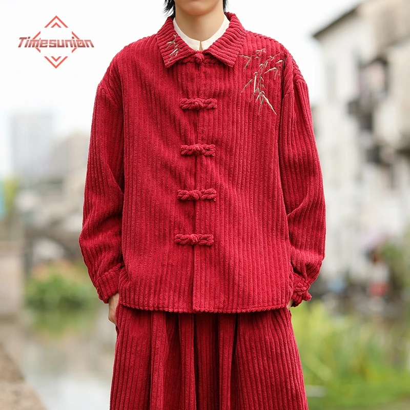 

Осень зима новая кордуроя куртка мужчина длинные рукава рубашка куртка вышитая кнопка вниз повседневная одежда большой размер тан костюм