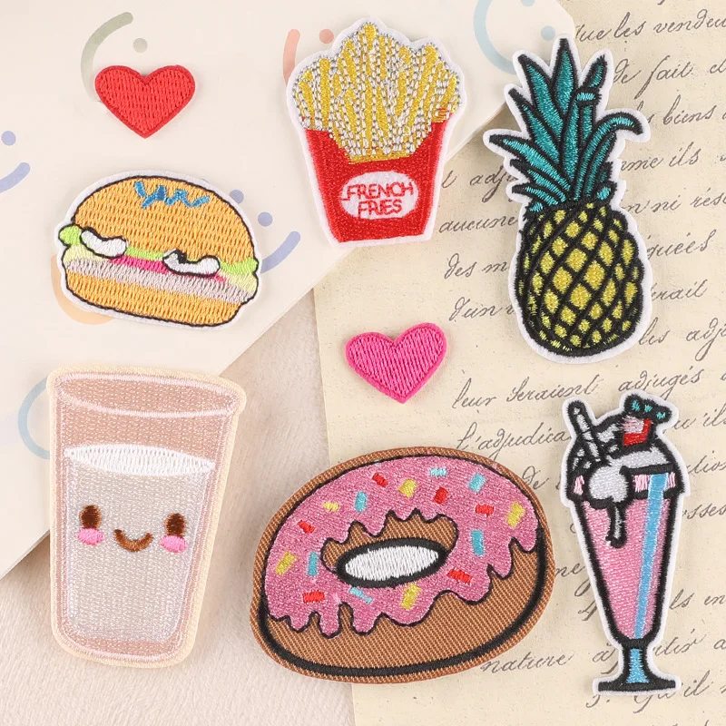 French Fries Pineapple Hamburger Hand-sewn Embroidery Badge Patches for DIY T-shirt Jeans Backpack Clothing Appliques