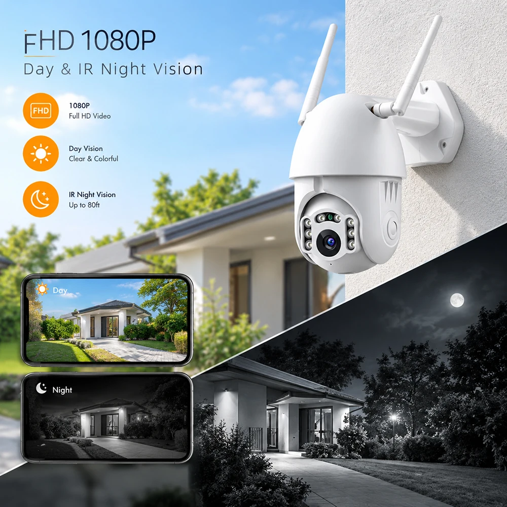 FHD 1080P WiFi Wireless PTZ IP Security Camera Outdoor Auto Human Motion Tracking IR Night Vision Two‑Way Talk IP66 Weatherproof