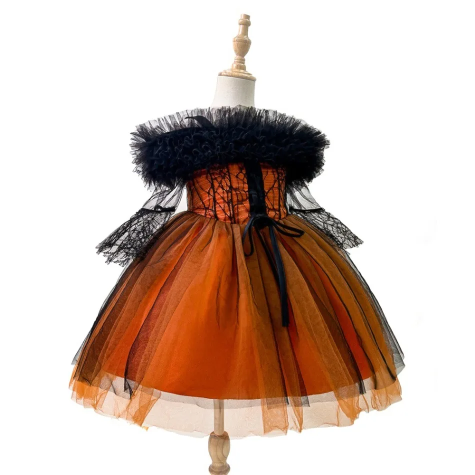 Mädchen Halloween Off-Shoulder Feder-Spitzenkleid Kinder Spinnennetz Tüll Tutu Kleid Schwarz Orange Cosplay Party Kostüm ASQ03 – Detail 6