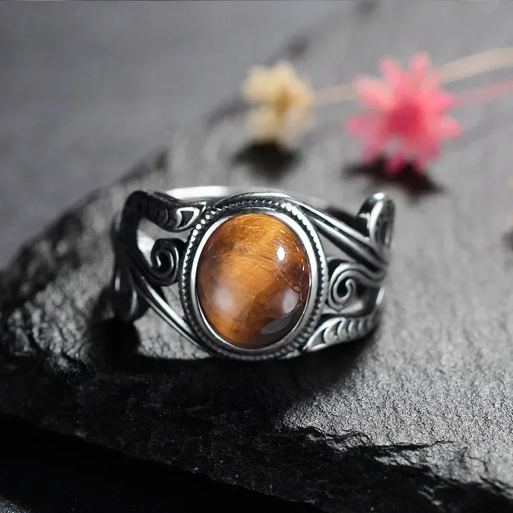 Oval Tiger Eye 925 Sterling Silver Natural Stone Ring Engagement Party Gift for Men Women Retro Jewelry