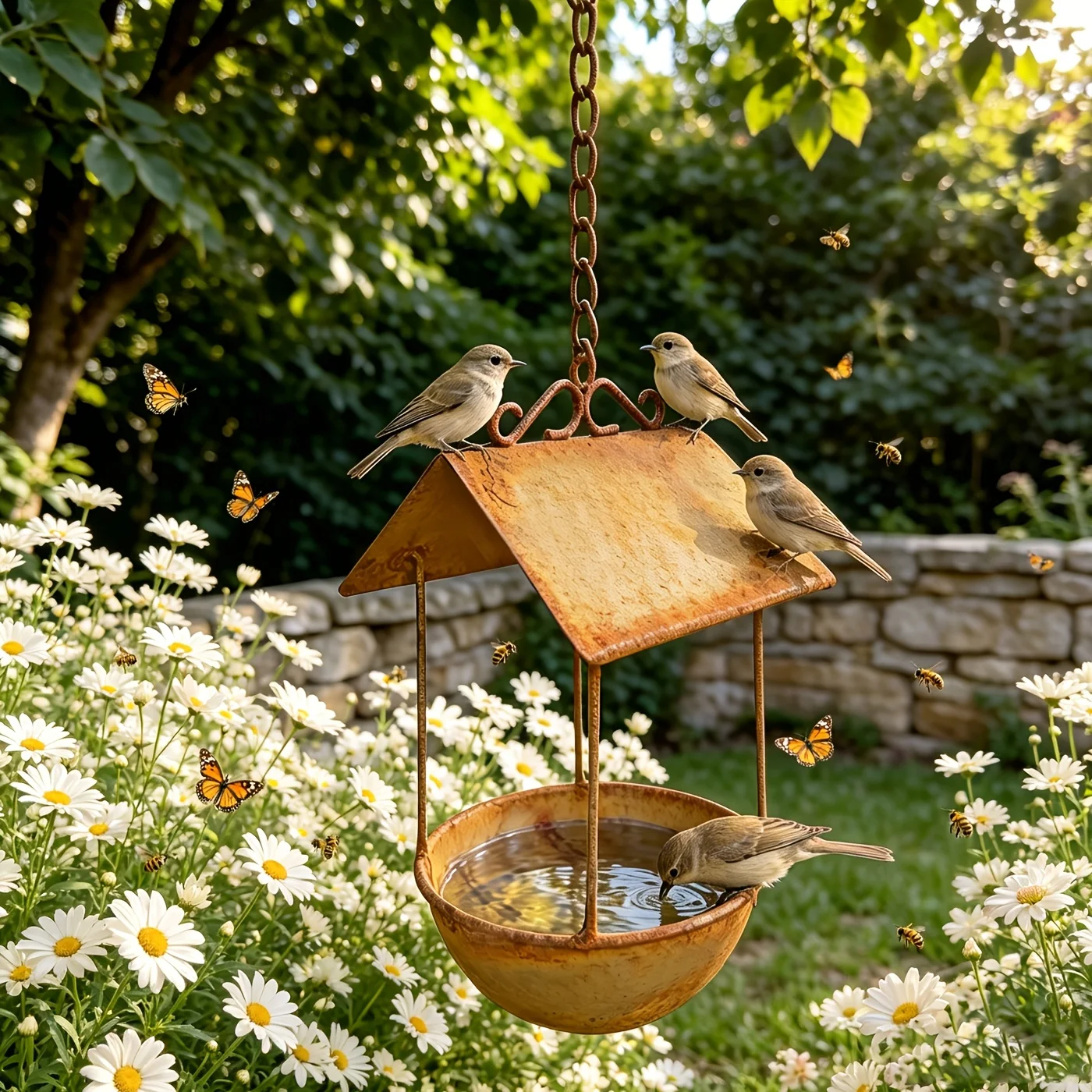 Wrought Iron Bird Feeder Rust Colored Hanging Feeder 1pc Wildlife Water and Food Supply Courtyard Home Ornament Outdoor Garden Decoration Excellent Gift for Bird Lovers