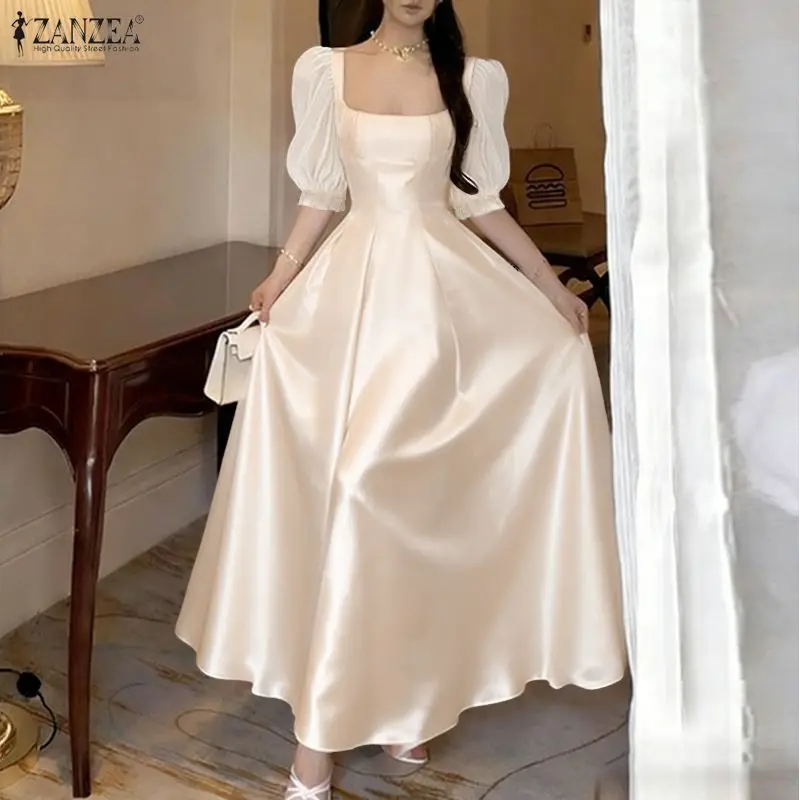 Стильное вечернее платье ZANZEA 2026: женское платье с сетчатыми вставками, квадратным вырезом, короткими рукавами-фонариками, элегантное А-образное платье с завышенной талией