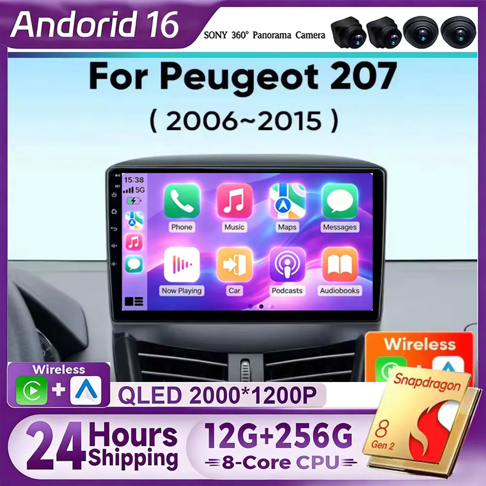 Android 16 For Peugeot 207 CC 207CC 2006 - 2015 Car Radio Wireless Carplay Auto Stereo Multimedia Player GPS WiFi 4G 2 Din