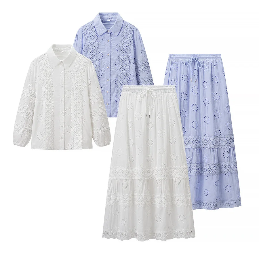 

Женская одежда в европейском и американском стиле, ранняя осень 2025 года, кружевная аппликация во французском стиле, свободная рубашка с длинными рукавами, костюм с юбкой