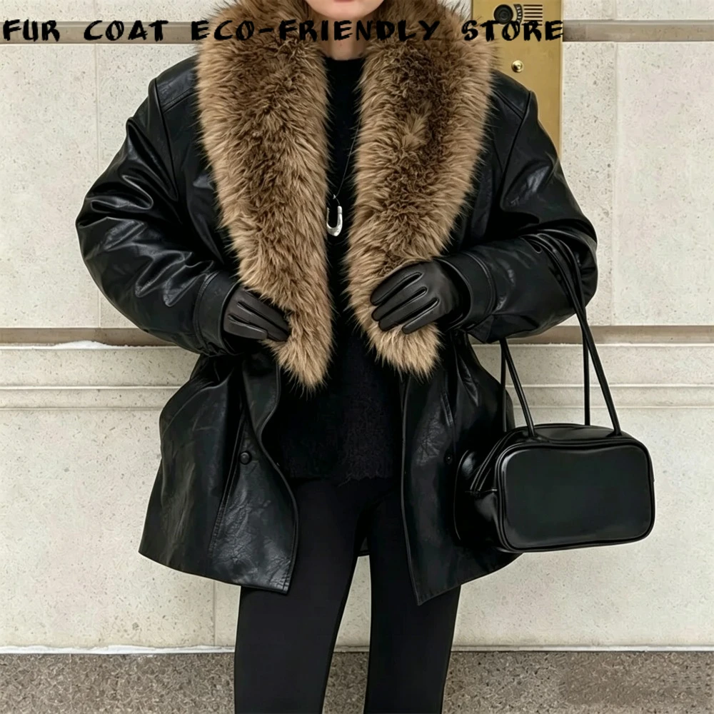 Women's Cropped PU Leather Jacket Chic Streetwear PU Leather Coat Faux Fur Collar Winter Windproof Retro Style Urban Wear