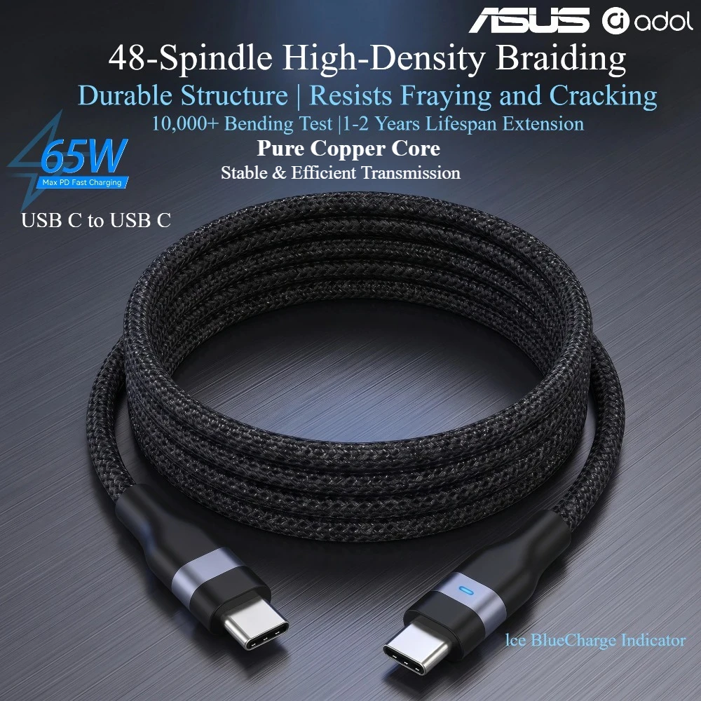 ASUS 65W Pure Copper Core Braided Fast-Charging Cable For iPhone 17ProMax/17Pro/17/16ProMax/16Pro/16/15ProMax/15Pro/15 for iPad