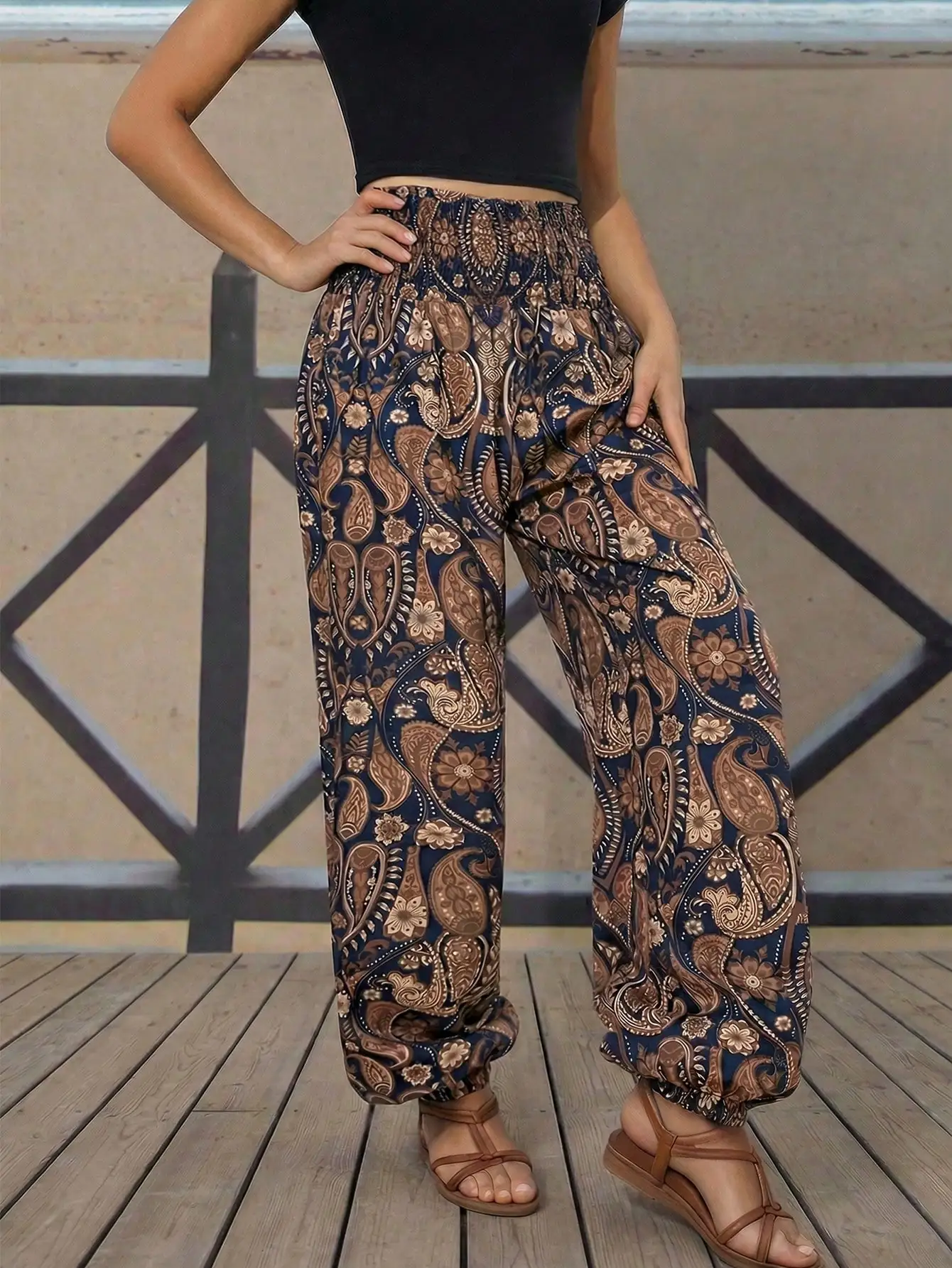 Pantalones Harem de Cintura Alta con Estampado Paisley para Mujer, Pantalones Palazzo Holgados e Informales para la Playa, Pantalones de Salón con Puños Elásticos para Vacaciones de Verano