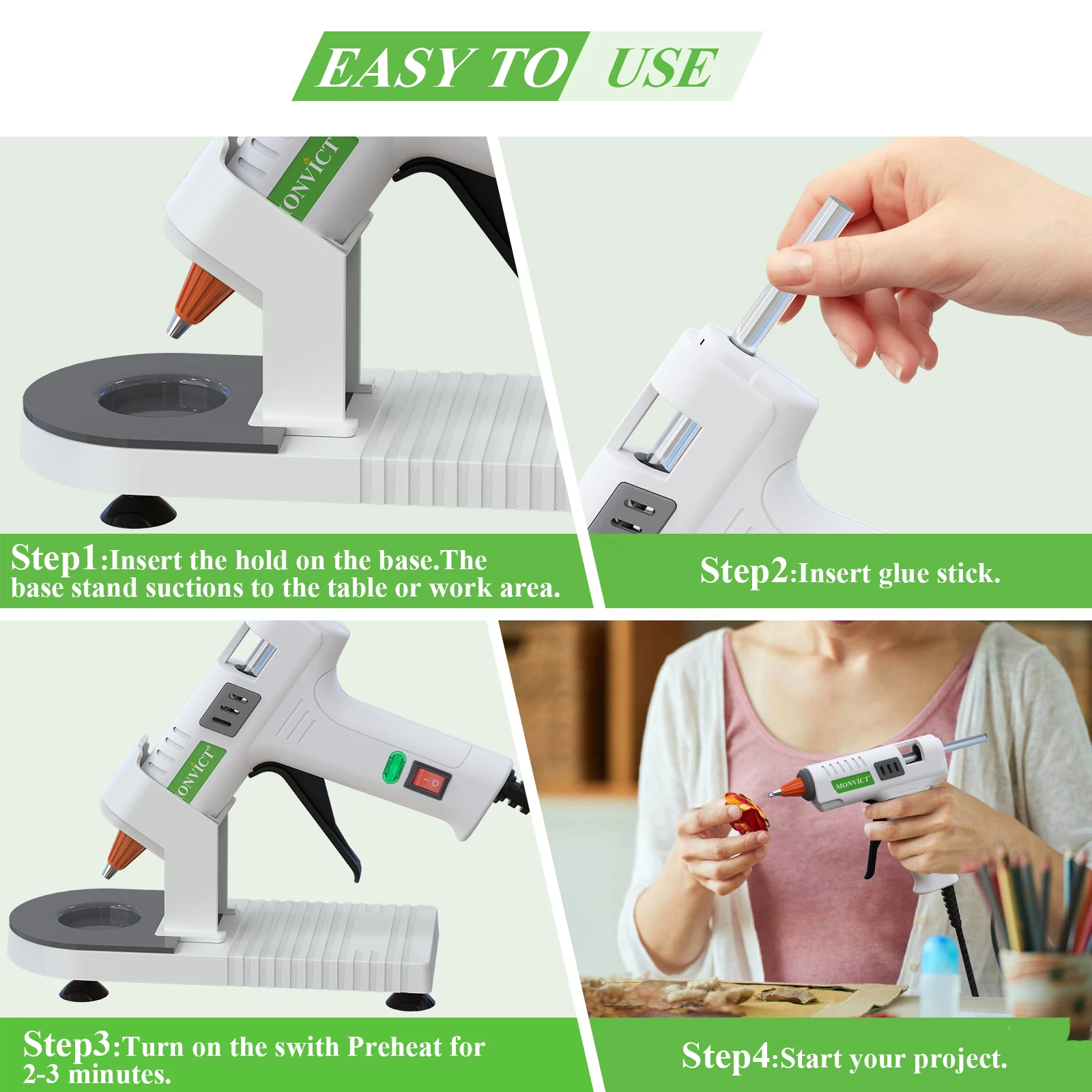 (US Plug) 40W Mini Glue Gun with Base Holder 30 Glue Sticks Suction Cups Stand Anti Stick Silicone Mat On/Off Design for Crafts