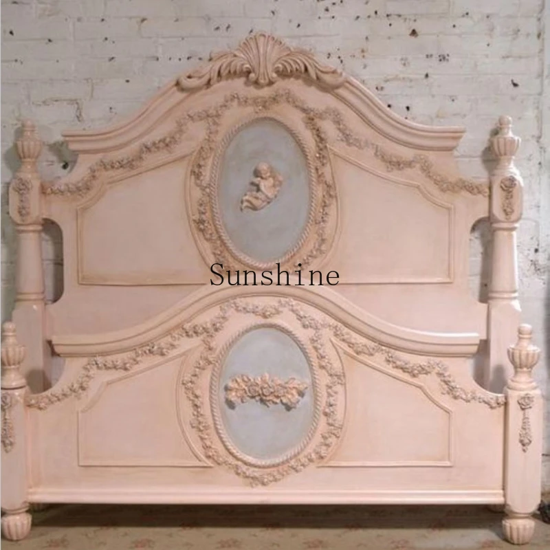 

French retro carved solid wood romantic pink princess bed