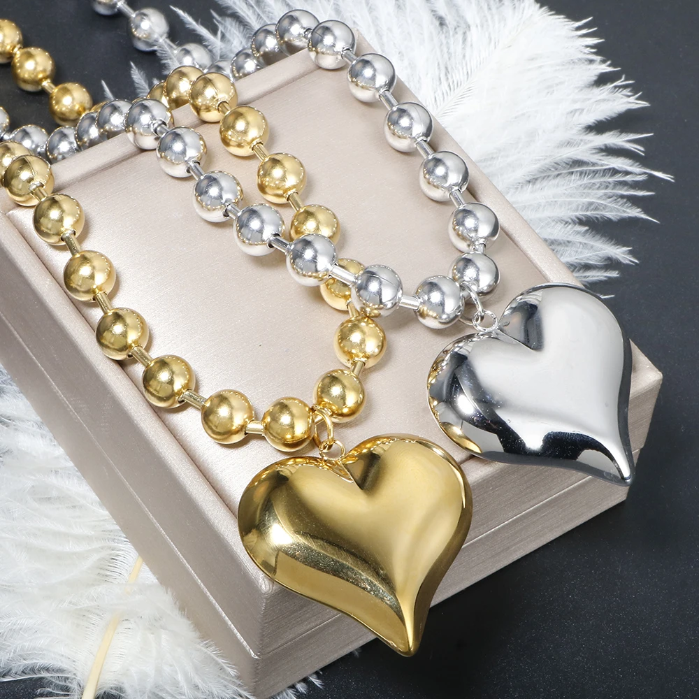 

Punk Heavy Industry Thick Beaded Chain Big Peach Heart Hollow Pendant Charm Choker for Women Non Fading Stainless Steel Jewelry
