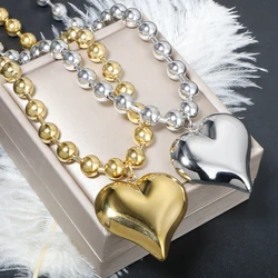 Punk Heavy Industry Thick Beaded Chain Big Peach Heart Hollow Pendant Charm Choker for Women Non Fading Stainless Steel Jewelry