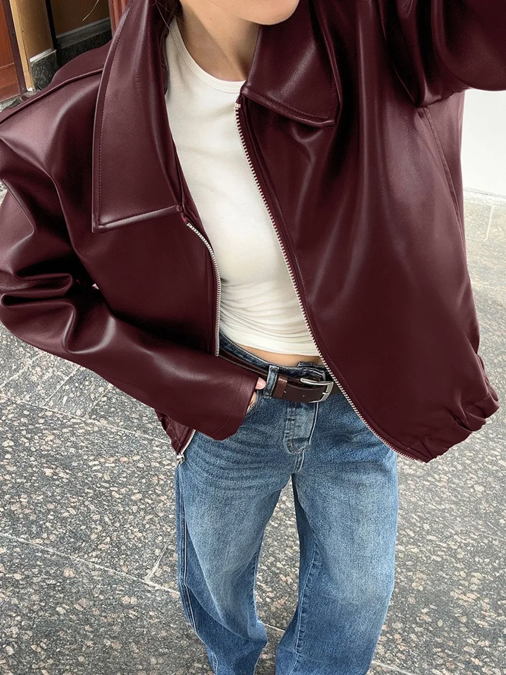 

2025 Autumn and Winter New Motorcycle Style PU Leather Jacket Loose Coat Women's Zipper Leather Jacket