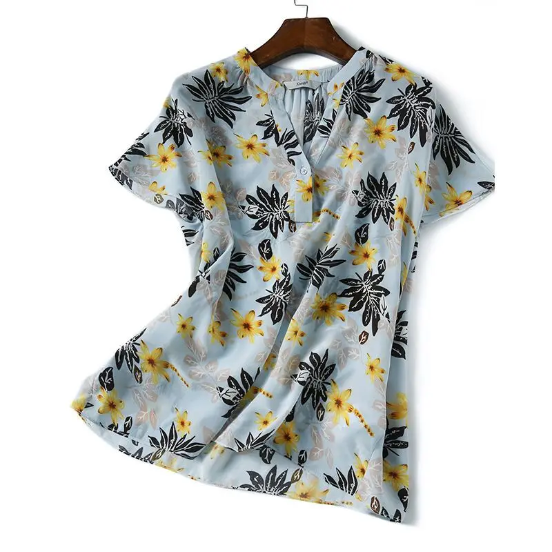 Fashion V-Neck Short Sleeve Printed Chiffon Blouses Women's Clothing 2025 Summer New Loose All-match Tops Commuter Shirts