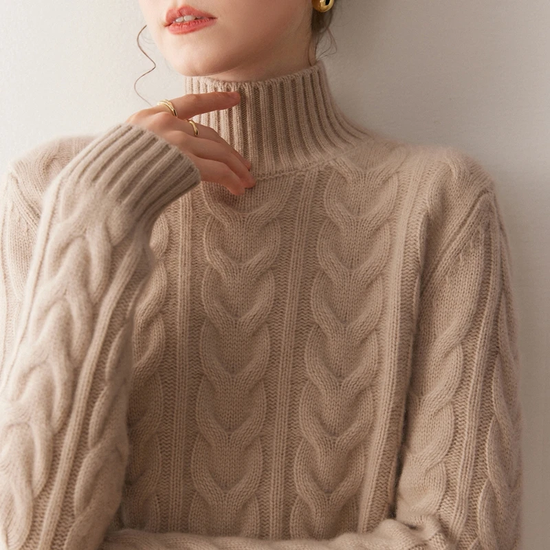 Women 100% Cashmere Sweater Turtleneck Pullover Cable Knitting Preppy Style Cashmere Knitwear Autumn Winter Heavyweight Clothing