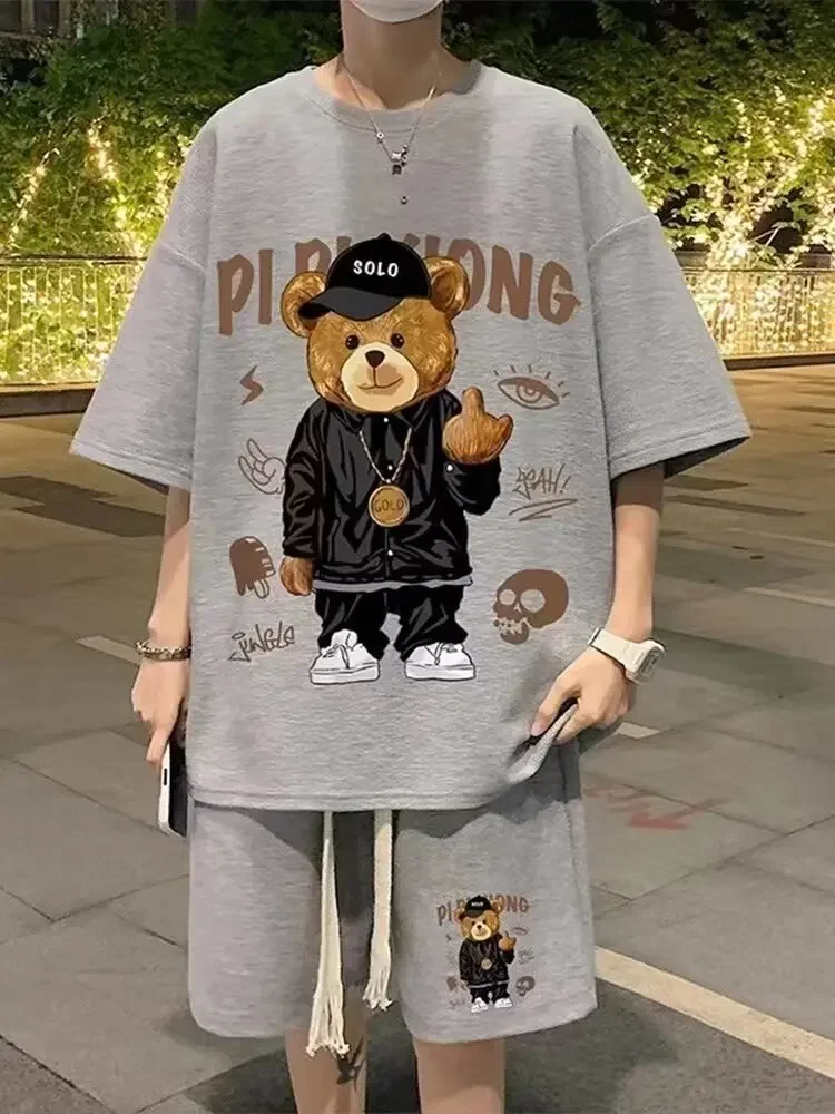 2024 Summer Man Tracksuit Cartoon Streetwear Hip Hop Rock Casual Short Suit Cool Bear Printed Waffle T Shirts Shorts 2 Piece Set