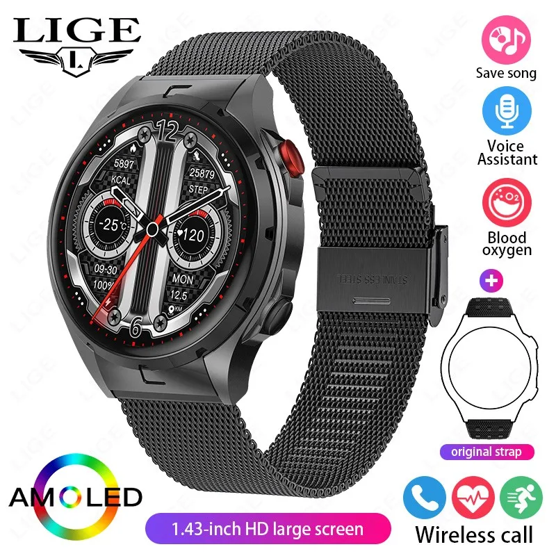 

LIGE AMOLED HD Screen Bluetooth Call NFC Access Control Smart Watch Sport Fitness Health Monitoring Clearance Sale Smartwatch
