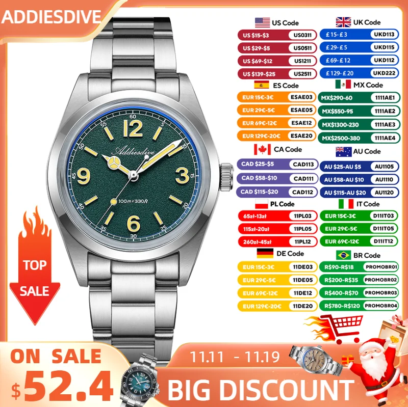 

ADDIESDIVE Watch For Men New 36mm Mint Green Quartz Wristwatch 100m Waterproof BGW9 Luminous Stainless Steel Leisure VH31 Watch